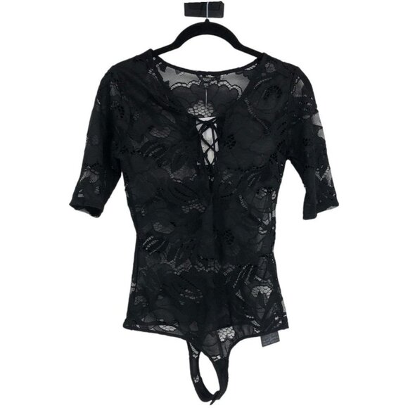 NWT Guess Black Lace Up Sheer Floral Lace Corset Bodysuit Mesh 1/4 Sleeve size S - Picture 2 of 16